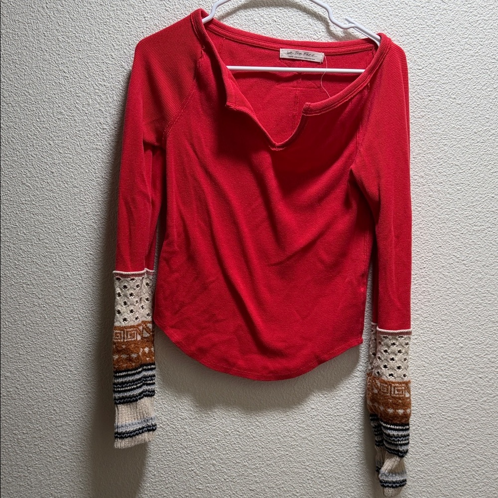 Free People Red Long Sleeve Thermal Top with Patterned Sleeve Cuffs